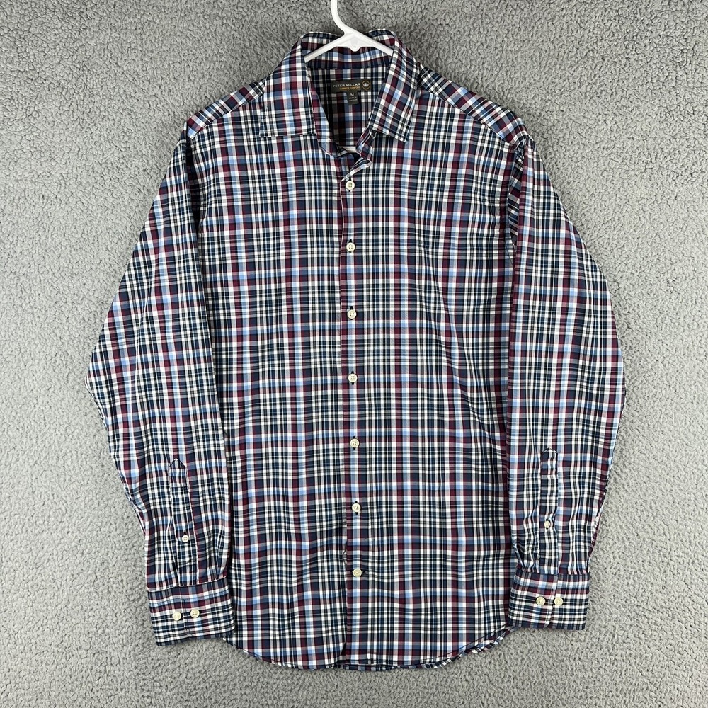 Peter Millar Button Shirt Mens M Summer Comfort Blue Plaid Nylon Blend Preppy